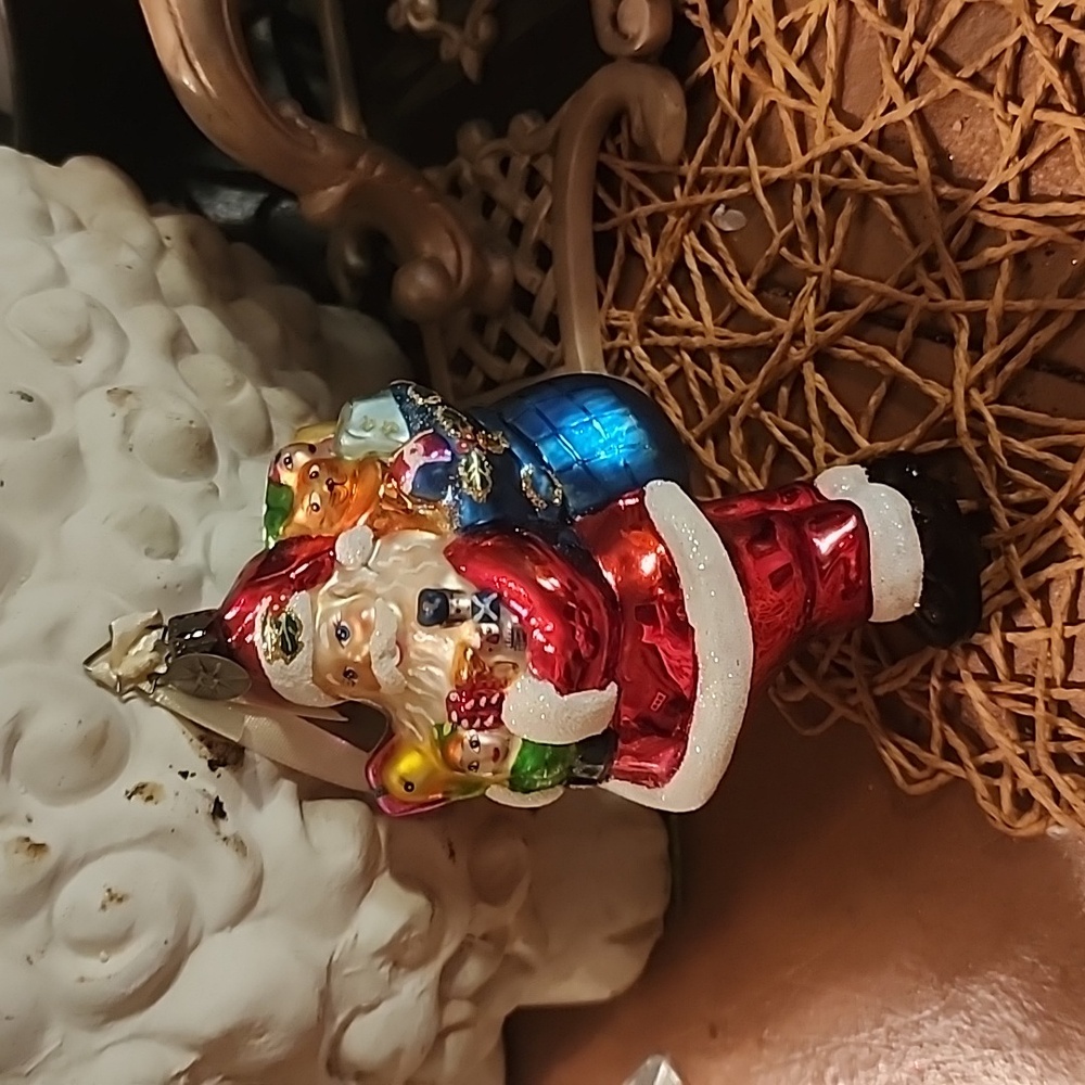 Radko  vintage santa with tag bag full of toys shiny bright colors retired